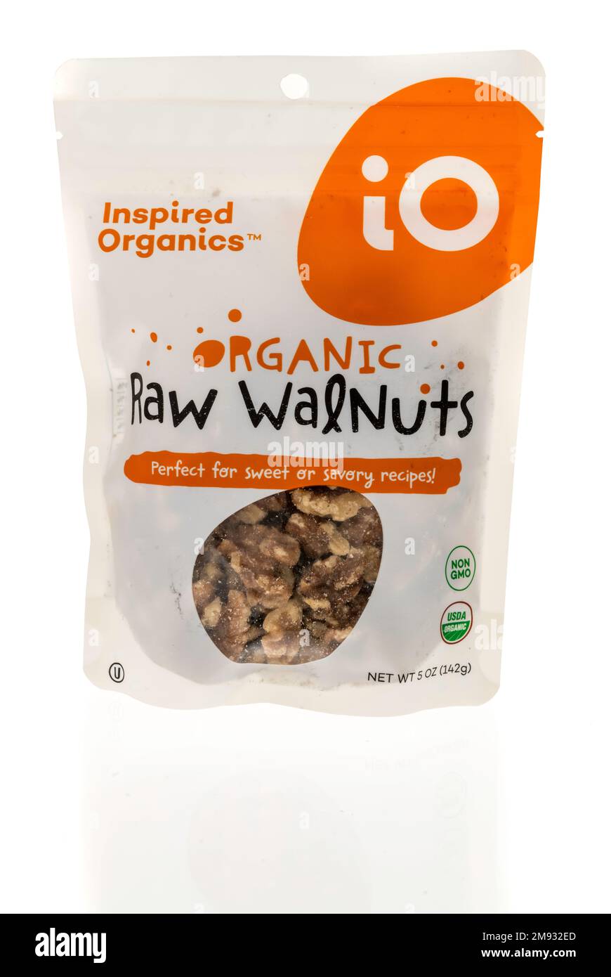 Winneconne, WI - 8 January 2023: A package of Inspired Organics raw walnuts on an isolated background. Stock Photo