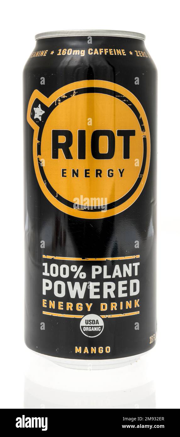 Winneconne, WI - 8 January 2023: A can of Riot energy plant powered energy drink on an isolated background. Stock Photo