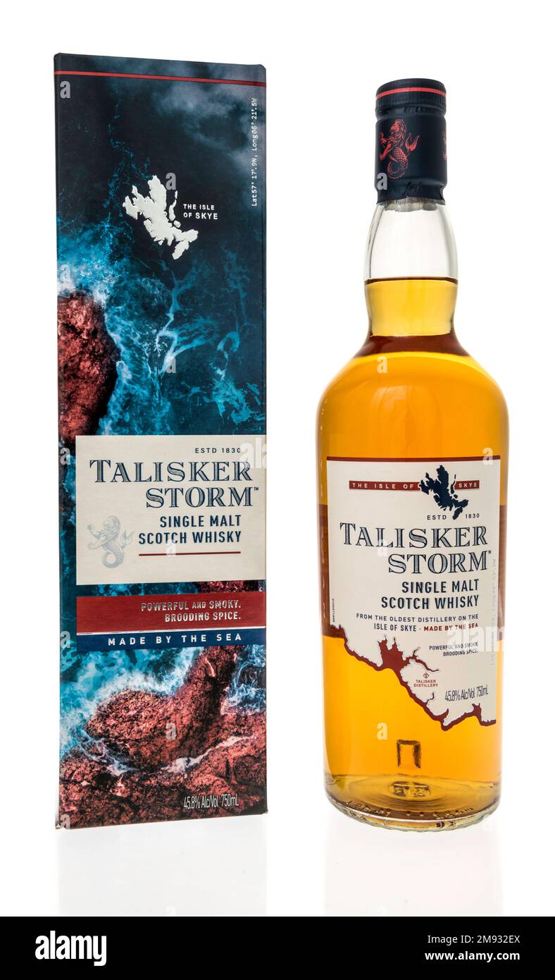 Winneconne, WI - 8 January 2023: A bottle of Talisker storm single malt Scotch whisky drink on an isolated background. Stock Photo