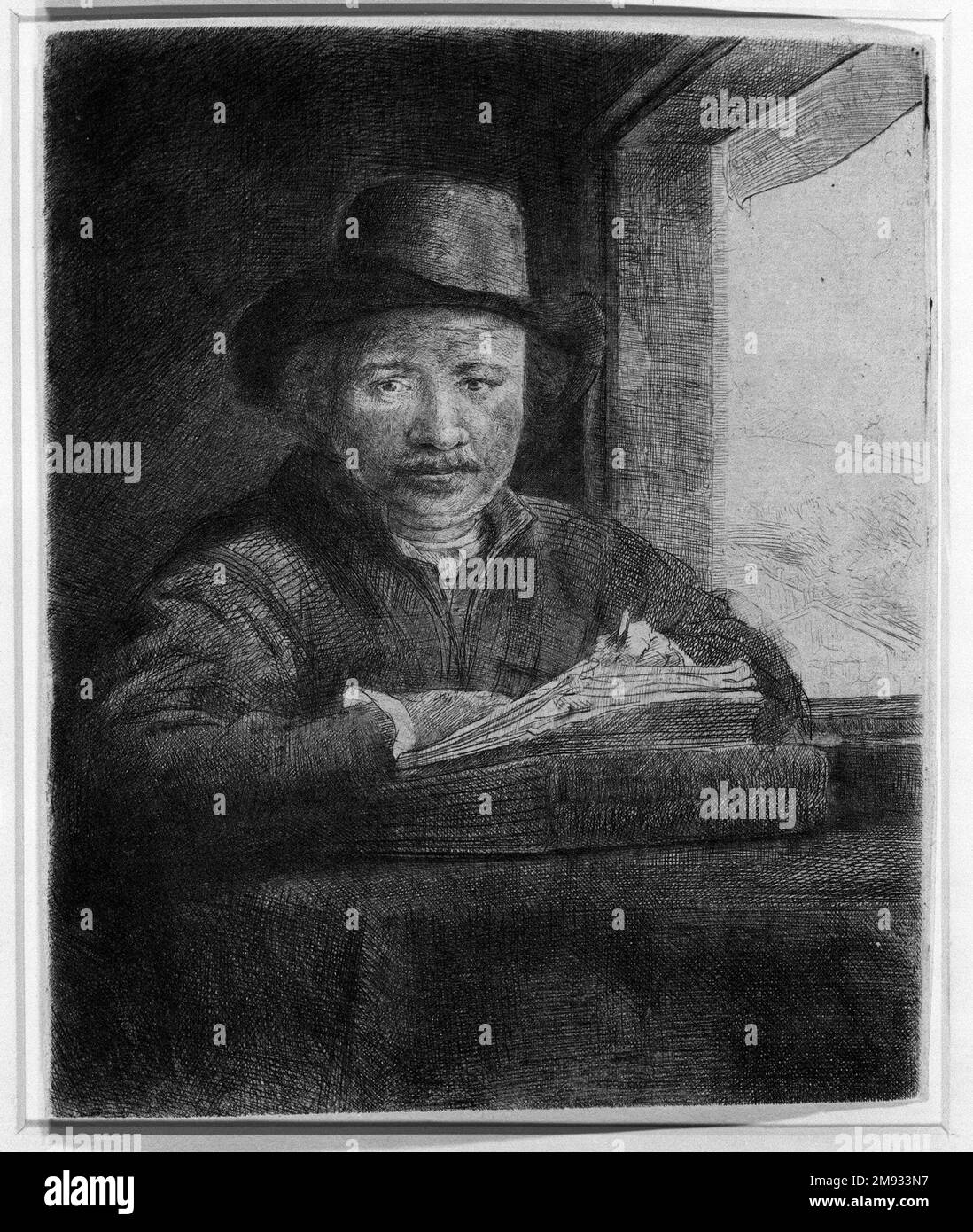 self-portrait-etching-at-a-window-black-and-white-stock-photos-images