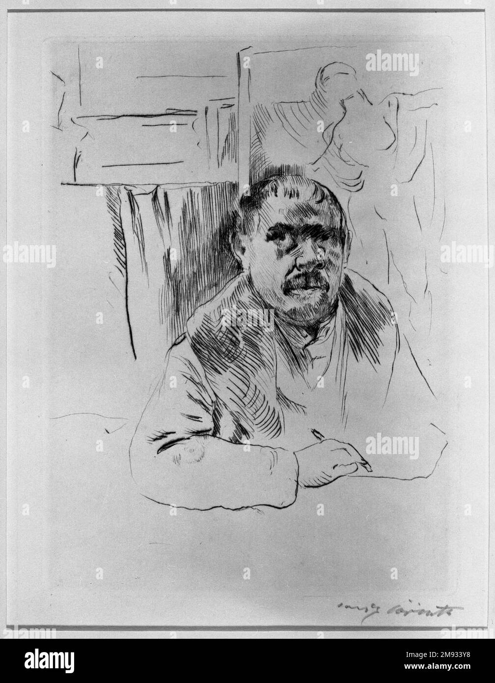 Self-Portrait with Fur Coat (Selbstbildnis im Pelz) Lovis Corinth (German, 1858-1925). , 1913. Drypoint on van Gilder wove paper, Image (Plate): 8 5/8 x 6 3/8 in. (21.9 x 16.2 cm).   European Art 1913 Stock Photo