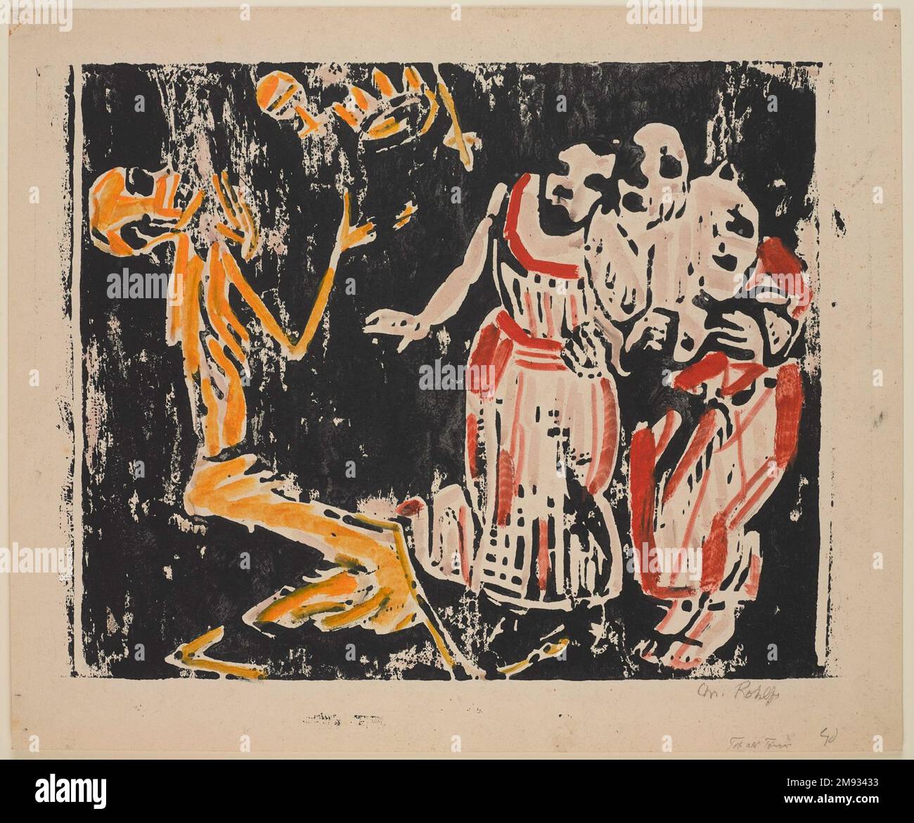 Death as Juggler (Revolution) (Tod als Jongleur [Revolution]) Christian Rohlfs (German, 1849-1939). Death as Juggler (Revolution) (Tod als Jongleur [Revolution]), 1918-1919. Color woodcut in yellow, red, and black on heavy wove paper, Image: 14 3/8 x 18 1/4 in. (36.5 x 46.4 cm).  In Christian Rohlfs’s roughly hewn, unsettling woodcut, two women recoil from a skeleton juggling symbols of earthly power—an orb, a scepter, and a crown. The image is a reference to the danse macabre, or dance of death, a common medieval pictorial motif that served as a reminder that death is inevitable and impartial Stock Photo