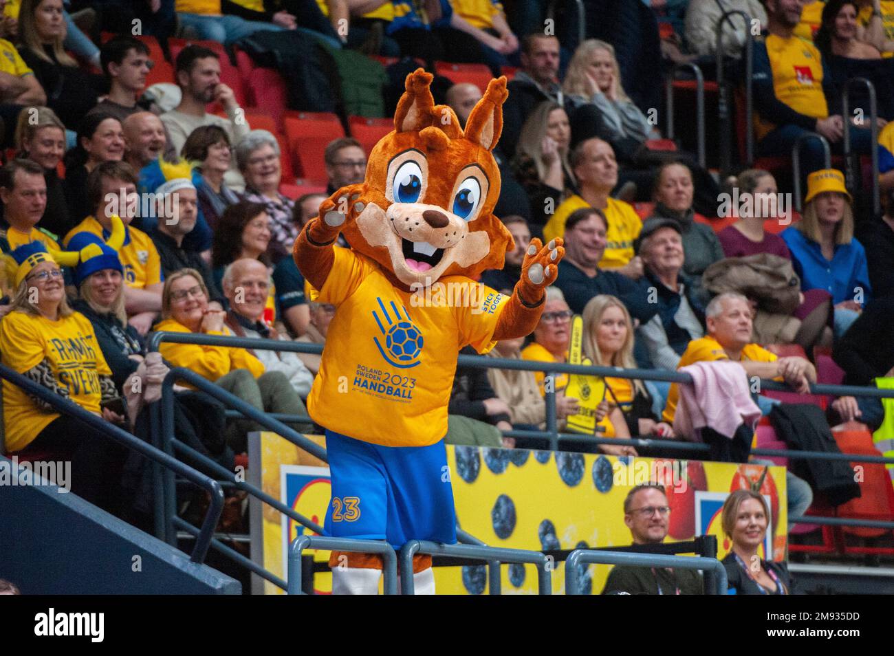 Gothenburg, Sweden. 16th Jan 2023. The official world championship mascot during the 2023 IHF World Men’s Handball Championship game between Uruguay and Sweden on January 16th, 2023 in Gothenburg. Credit: Oskar Olteus / Alamy Live News Stock Photo