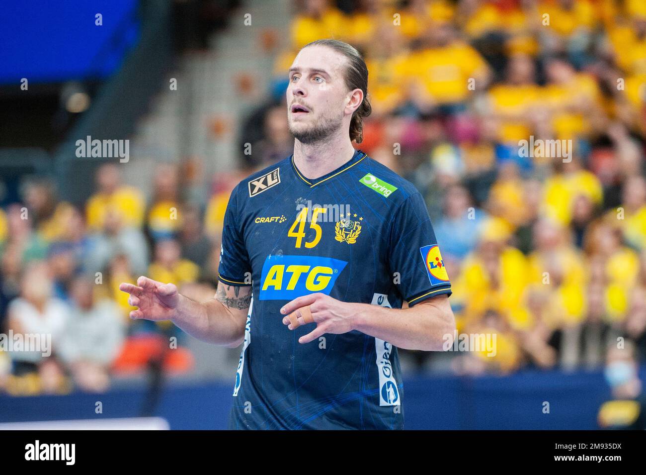 Gothenburg, Sweden. 16th Jan 2023. Olle Forsell Schefvert of Sweden during the 2023 IHF World Men’s Handball Championship game between Uruguay and Sweden on January 16th, 2023 in Gothenburg. Credit: Oskar Olteus / Alamy Live News Stock Photo