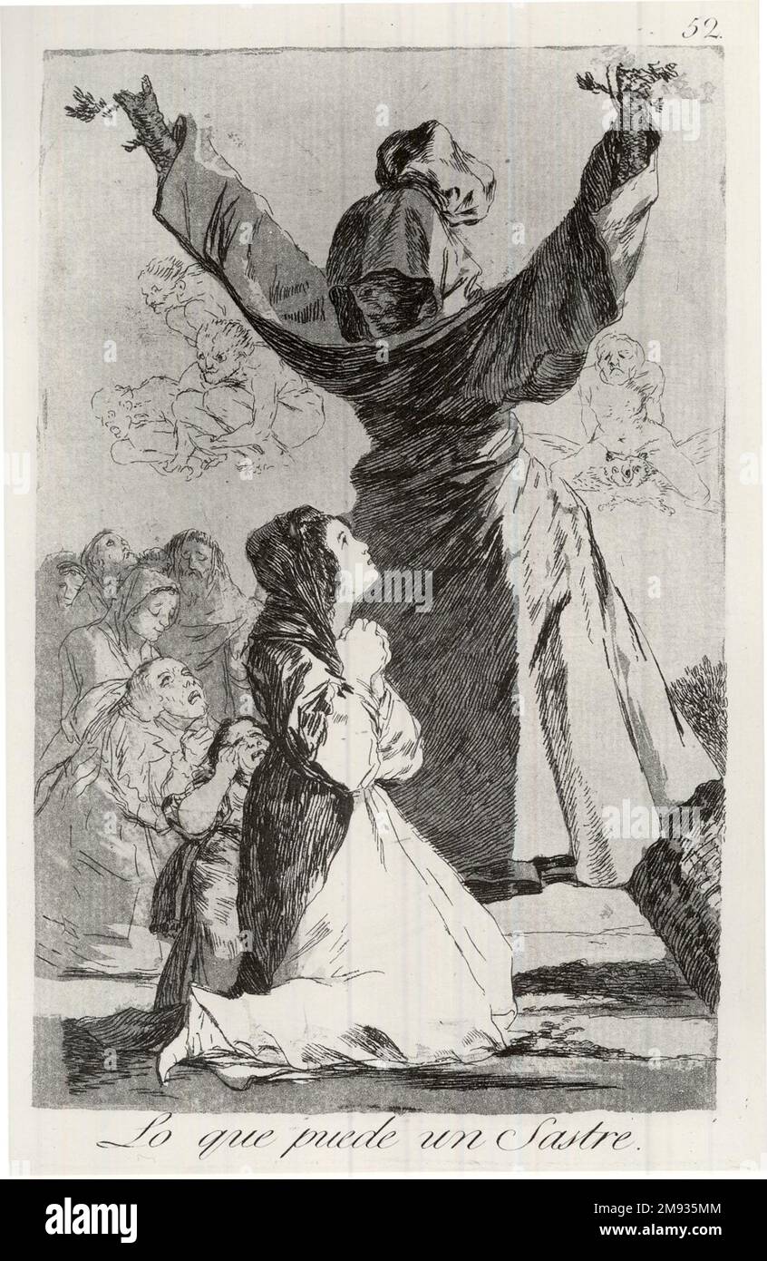 What a Tailor Can Do! (Lo que puede un sastre!) Francisco de Goya y Lucientes (Spanish, 1746-1828). What a Tailor Can Do! (Lo que puede un sastre!), 1797-1798. Etching and aquatint on laid paper, Sheet: 11 7/8 x 8 in. (30.2 x 20.3 cm).  The Caprices (Los Caprichos) is a set of eighty etchings created between 1797 and 1798. On view are thirteen examples of the Brooklyn Museum’s rare “trial proof” set, which is composed of early impressions of a print made by the artist prior to the published edition. In the first part of the series, Goya critiques the characters, institutions, and values of ear Stock Photo