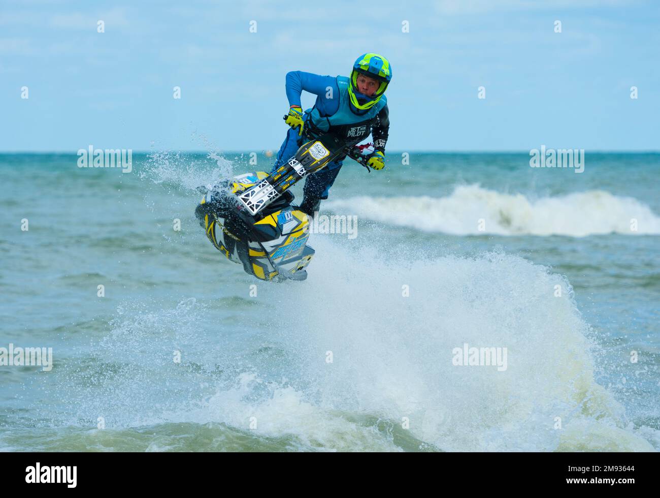 France, Calvados (14), Villers-sur-Mer, Grand Ouest jet ski championship 2018, freestyle jet ski demonstration by Thomas Auzou Stock Photo