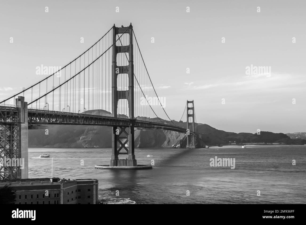 Black and white photograph of the famous Golden Gate Bridge in San Francisco Stock Photo