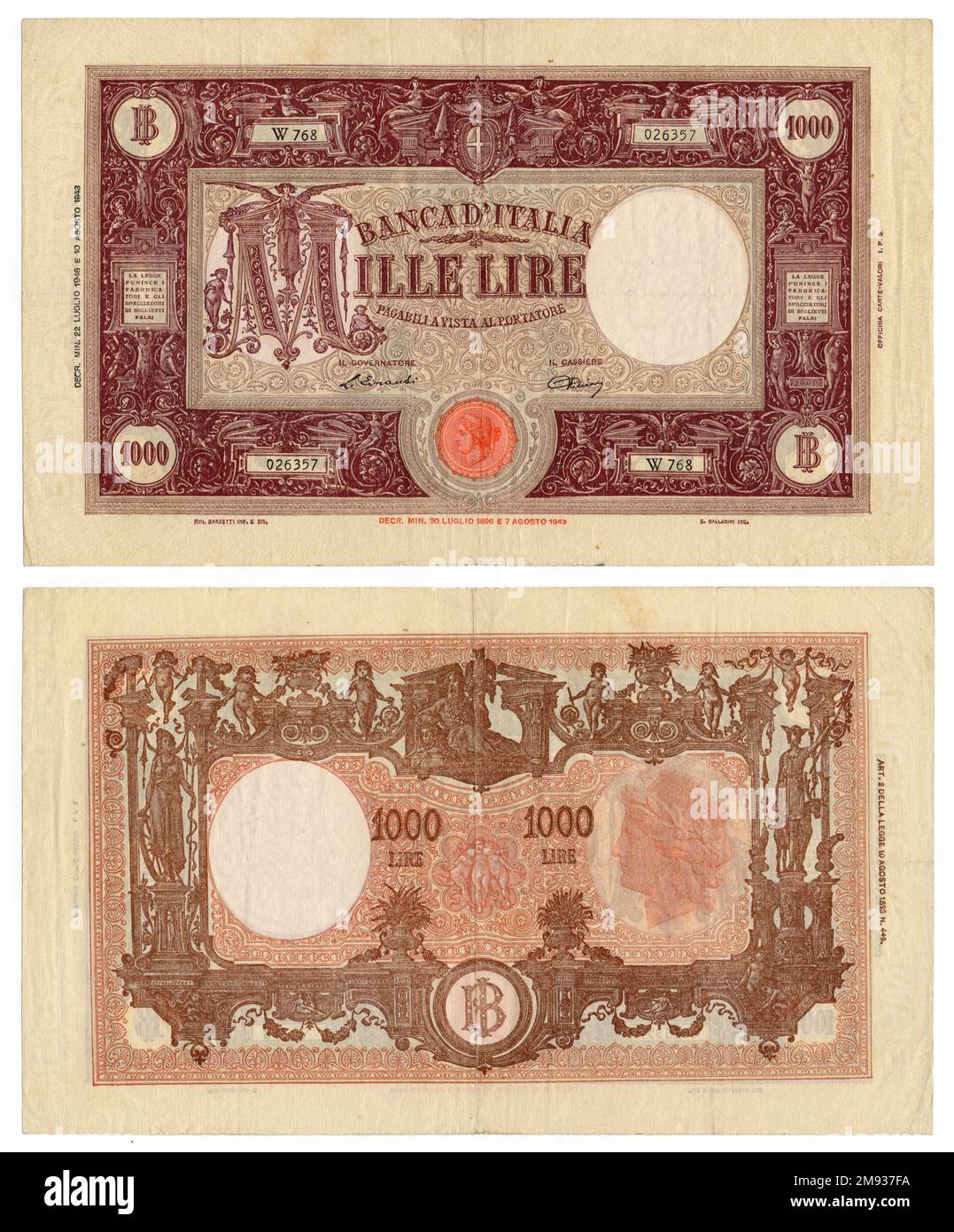 Mille Lire (thousand lire) old italian vintage banknote for collectors and historical artifact, Italy, year 1945 Stock Photo