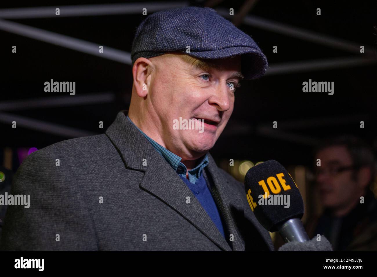 WHITEHALL, LONDON, 16th January 2023, Mick Lynch before giving a speech at a protest as the minimum service levels during strikes bill goes to it's second reading. Credit: Lucy North/Alamy Live News Stock Photo