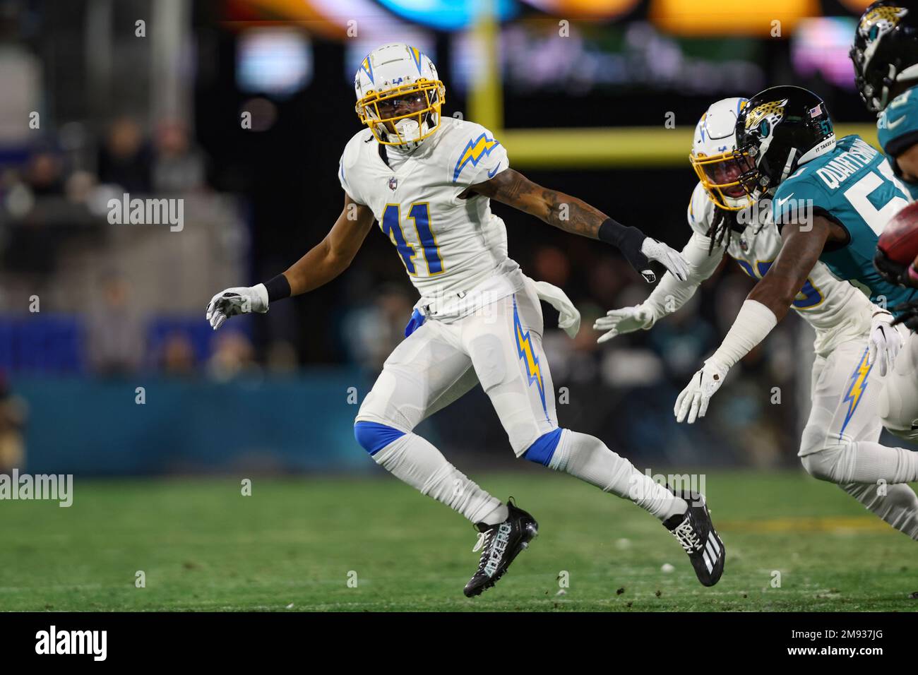 Los Angeles Chargers safety Raheem Layne (41) walks off the field at  halftime of an NFL wild-card football game against the Jacksonville  Jaguars, Saturday, Jan. 14, 2023, in Jacksonville, Fla. The Jaguars