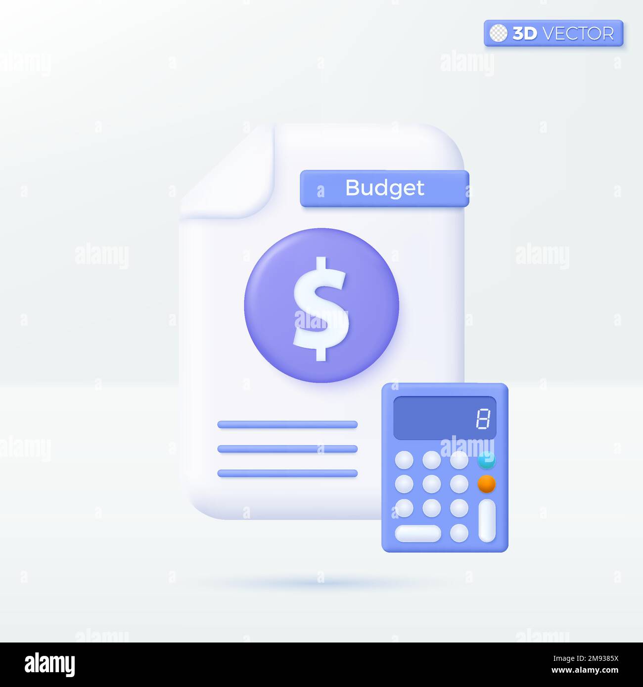 Budged Document and calculator icon symbols. financial report, digital accounting, budget forecast, accounting report concept. 3D vector isolated illu Stock Vector