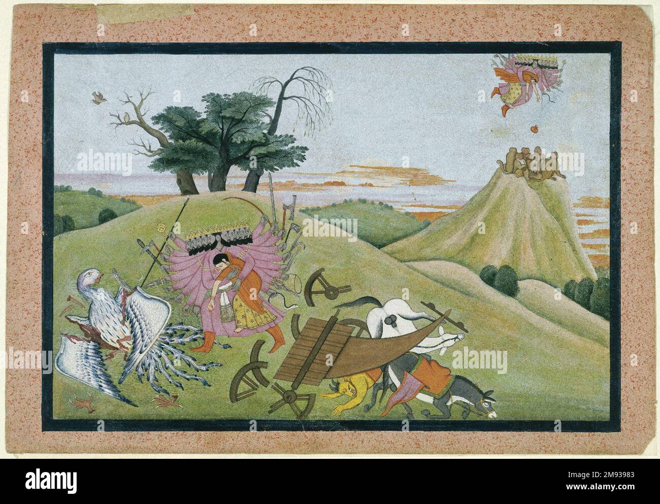 The Abduction of Sita, Page from an illustrated manuscript of the Ramayana Indian. The Abduction of Sita, Page from an illustrated manuscript of the Ramayana, ca. 1775. Opaque watercolor, silver, and gold on paper, sheet: 9 3/4 x 14 1/16 in. (24.8 x 35.7 cm).  This painting illustrates the pivotal moment in the Ramayana when the demon Ravana kidnaps Rama’s beautiful wife, Sita. The multiheaded Ravana and Sita are shown twice: at the lower left Ravana has mortally wounded a giant vulture who valiantly attempted to save Sita, while in the upper right corner the demon flies away with his prize. S Stock Photo