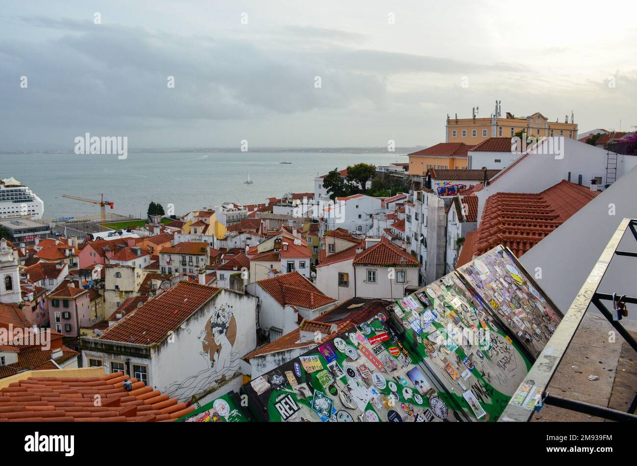Rooftop view of the city and cruise port of Alfama District in Lisbon, Portugal. Lisbon cruise