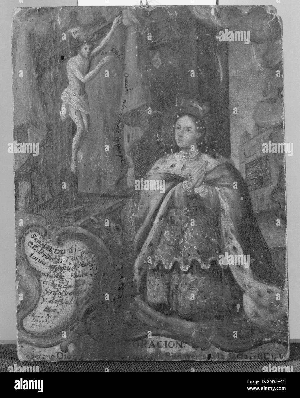 Queen Kneeling Before Cross Unknown. Queen Kneeling Before Cross, late 18th-early 19th century. Painting on wood, 7 11/16 x 5 15/16 in. (19.5 x 15.1 cm).   European Art late 18th-early 19th century Stock Photo