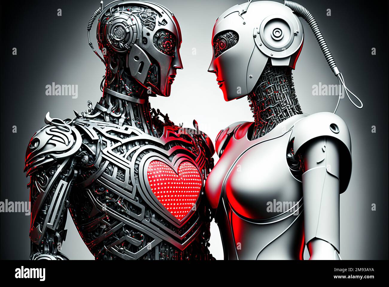 Two cyborg robots in love. Valentines day futuristic relations concept Stock Photo