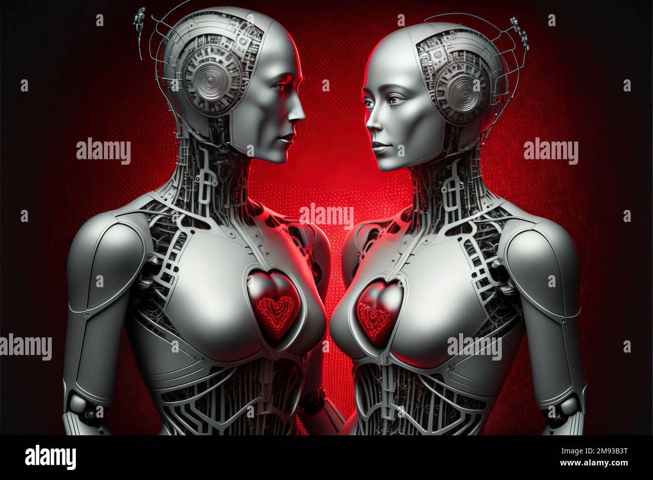 Two humanoid robots in love. Valentines day in Artificial intelligence futuristic concept Stock Photo