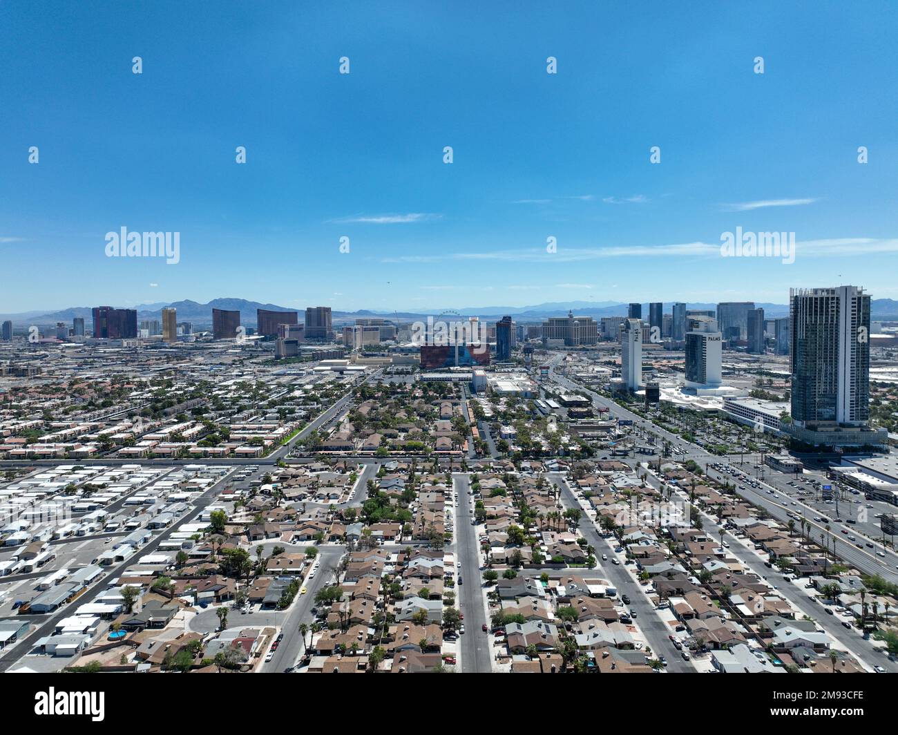 Aerial view across urban suburban communities in Las Vegas Nevada with