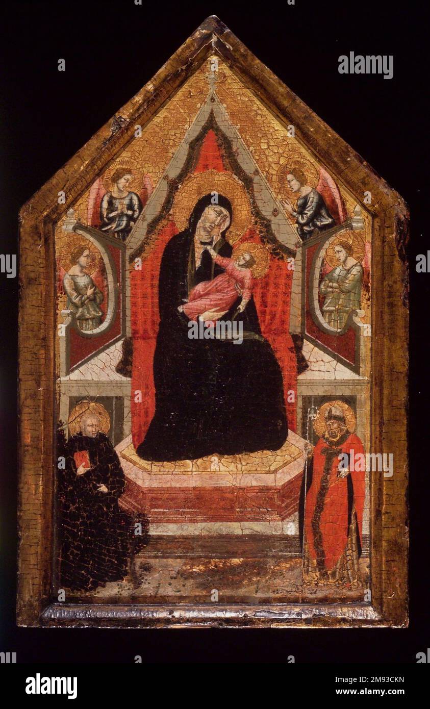 Virgin and Child Enthroned with Saints Benedict and Donato (?) and Four Angels Italian (Aretine School). , 1320-1330. Tempera and tooled gold on panel in an original engaged frame, 20 x 12 x 2 in. (50.8 x 30.5 x 5.1 cm).   European Art 1320-1330 Stock Photo