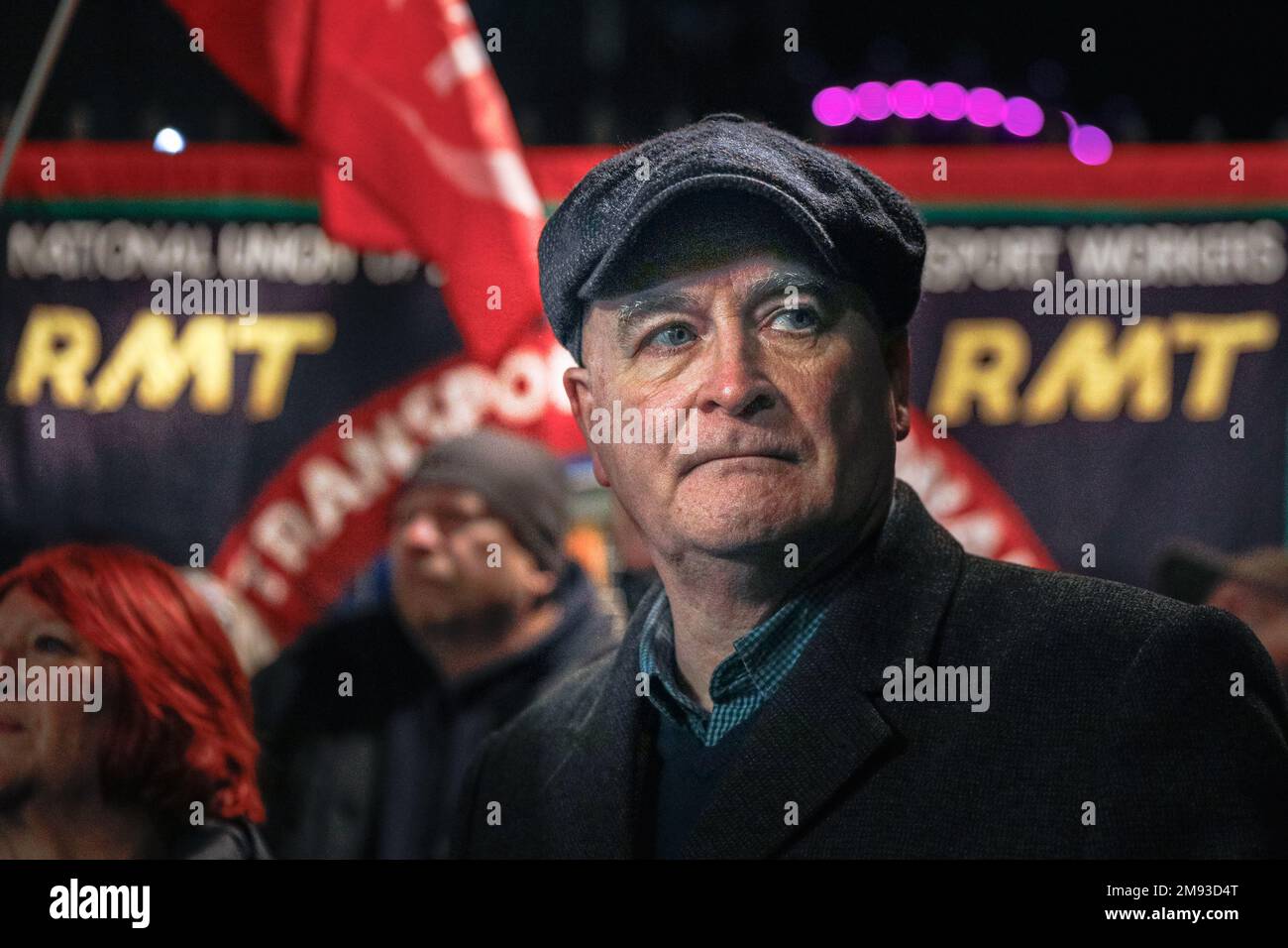 London, UK. 16th Jan, 2023. Protesters and speakers gather opposite Downing Street for the 'Protect the Right to Strike' Emergency Demo, including members of the RMT, TUC, Enough is Enough UK, NHS Workers Say NO and other organisations currently involved in plans for strike action. Credit: Imageplotter/Alamy Live News Stock Photo