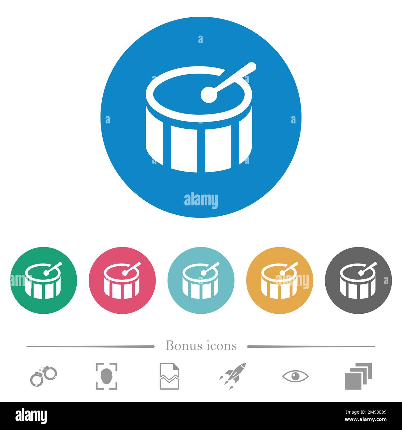 Drum flat white icons on round color backgrounds. 6 bonus icons ...