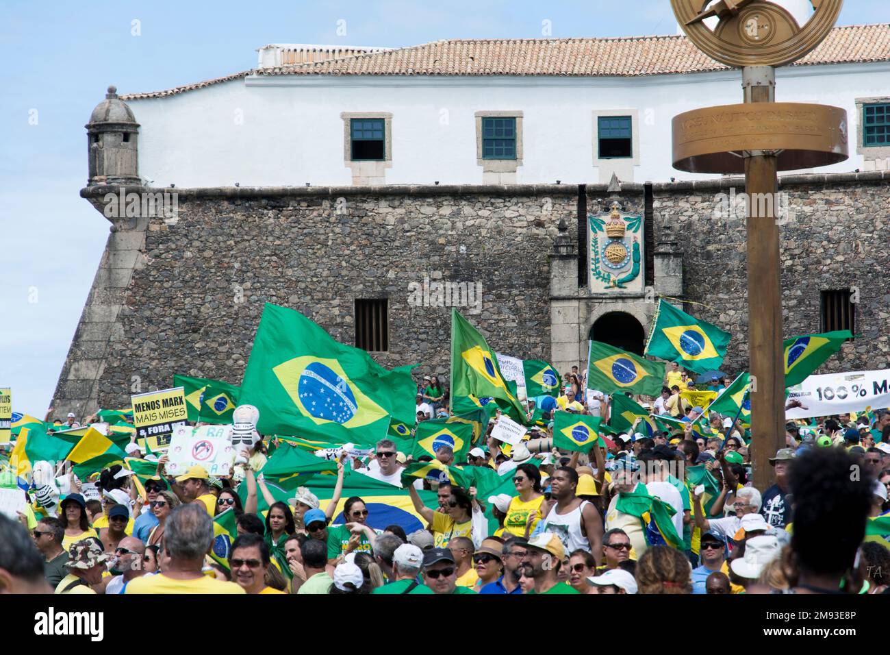 Salvador, Bahia, Brazil - March 13, 2016: A crowd of protesters with Brazilian flags demanding the impeachment of Dilma Rousseff Stock Photo