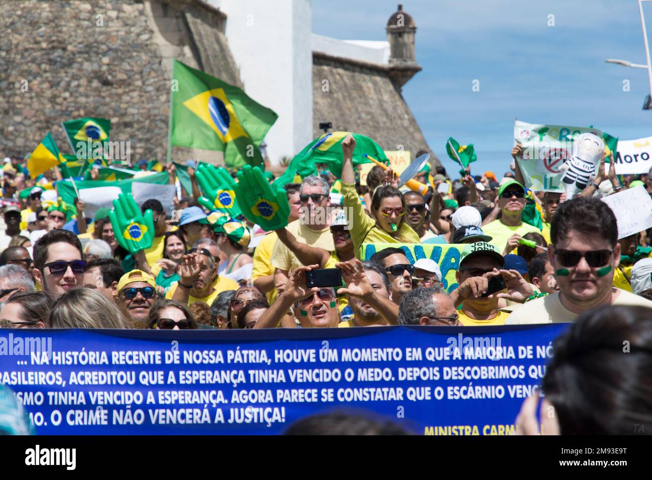 Salvador, Bahia, Brazil - March 13, 2016: Activists with Brazilian flags demand the impeachment of Dilma Rousseff Stock Photo