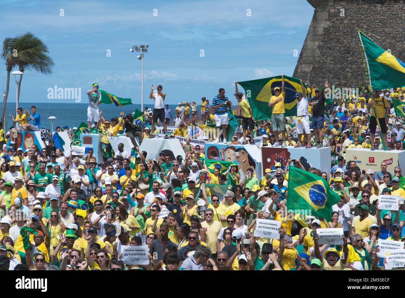 Salvador, Bahia, Brazil - March 13, 2016: Protesters with Brazilian flags call for the impeachment of Dilma Ruosseff. Salvador, Brazil Stock Photo