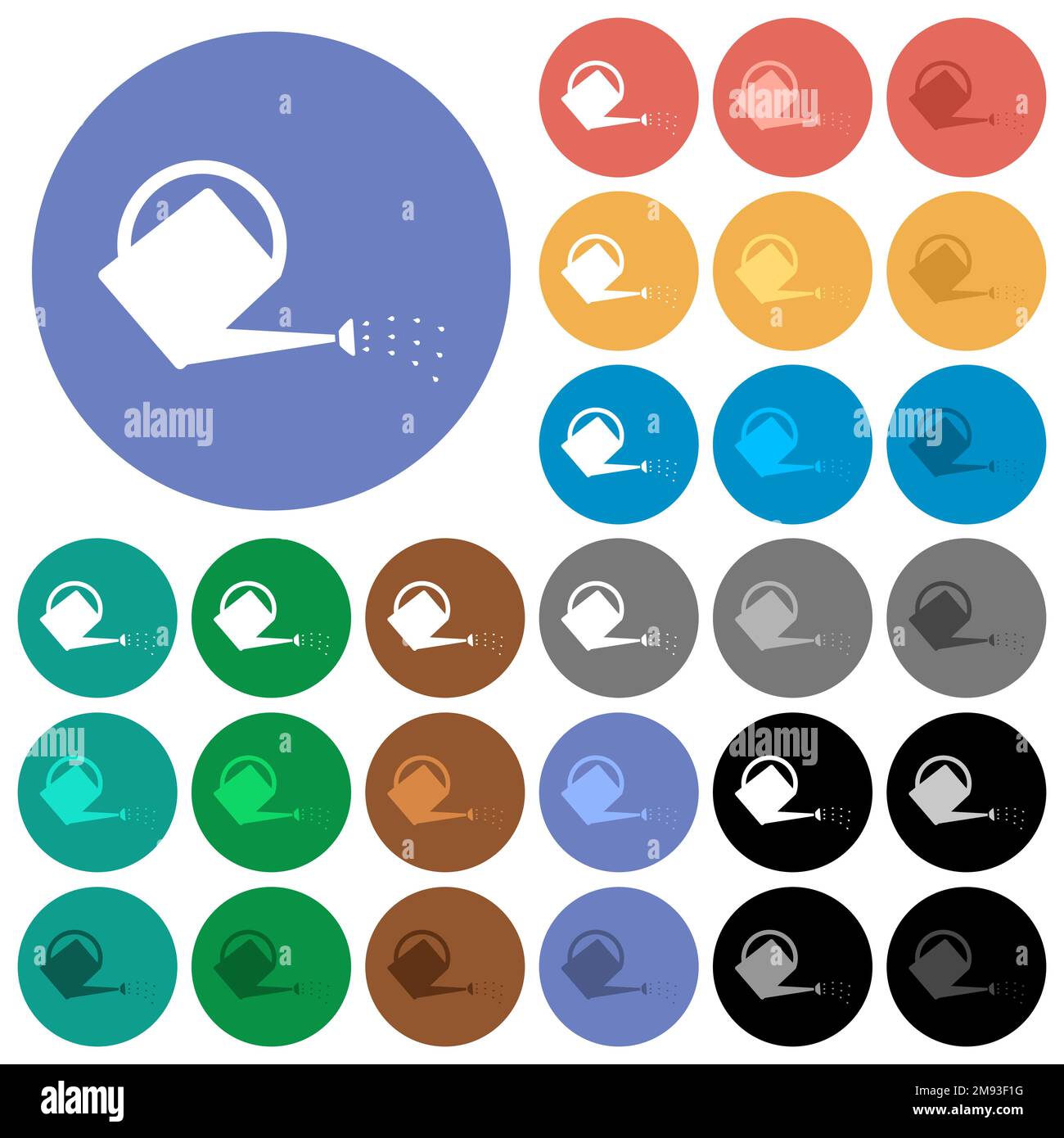 Watering can multi colored flat icons on round backgrounds. Included white, light and dark icon variations for hover and active status effects, and bo Stock Vector