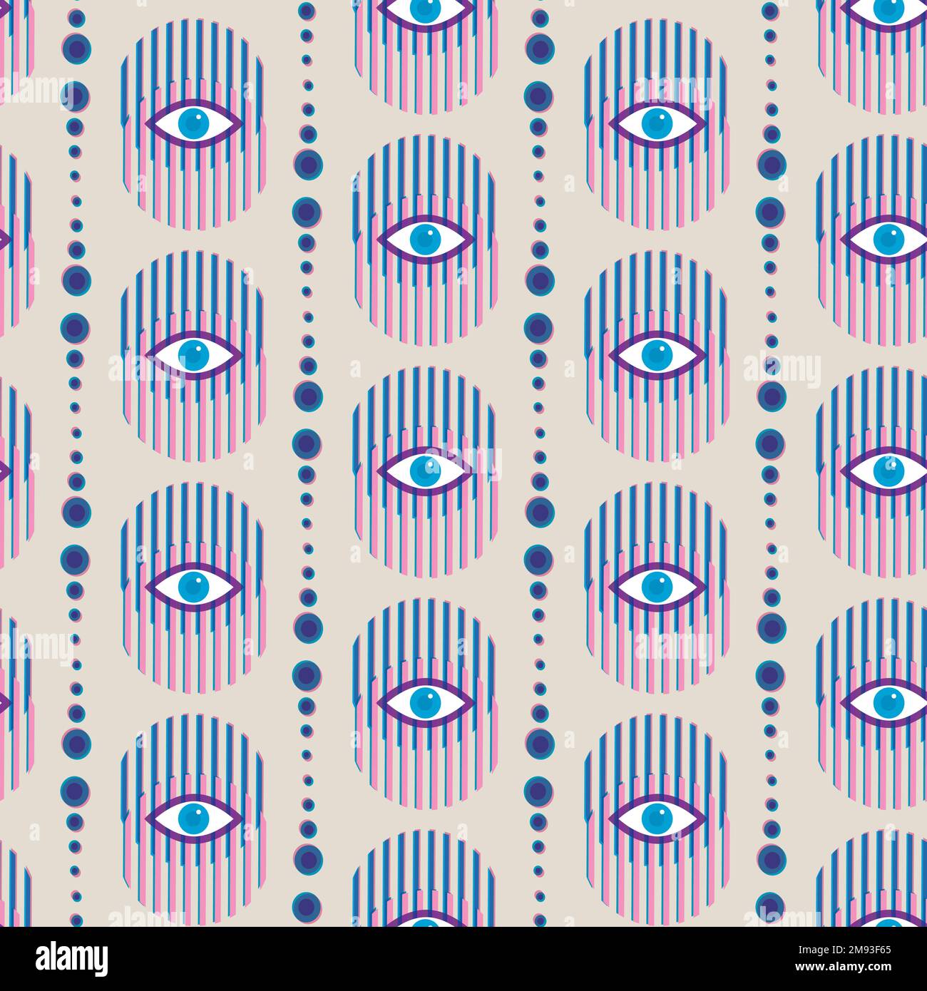 Esoteric pattern with risograph effect. Seamless vector pattern. Geometric abstract shapes and eyes.  Stock Vector