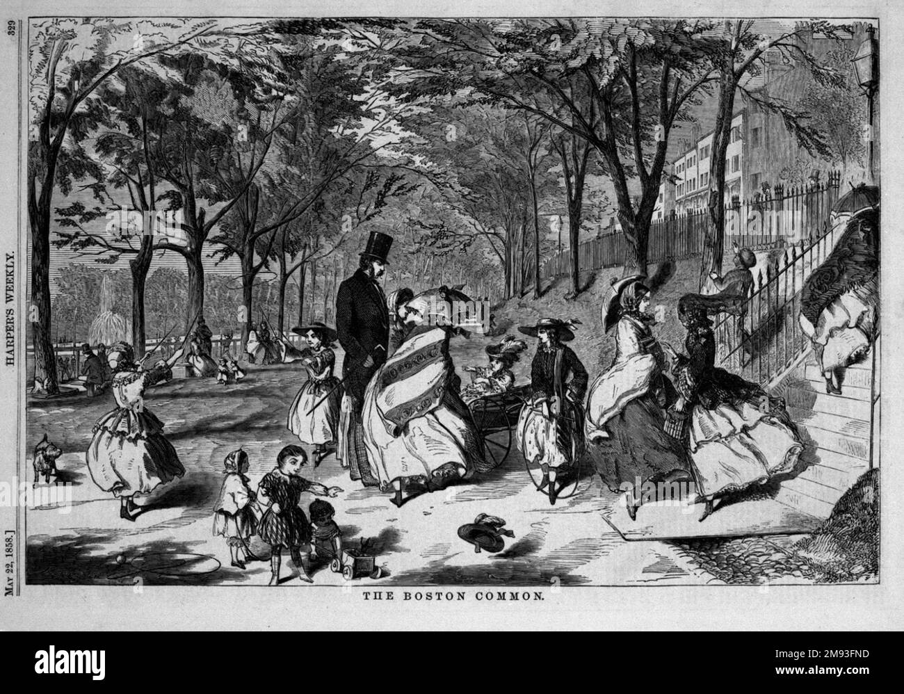 The Boston Common Winslow Homer (American, 1836-1910). , 1858. Wood engraving, Image: 9 1/8 x 13 3/4 in. (23.2 x 34.9 cm).  This early engraving was executed while Homer still resided in his native Boston. Bostonians of Homer’s time were justifiably proud of the Common, as indicated by the Harper’s article that this illustration accompanied: “Take the Common as it stands, with the fountain, and the elm, and the historical associations—and I defy the world to produce its equal.” As a preferred venue for fashionable promenades and the healthinducing recreation of children, the Common was a valua Stock Photo