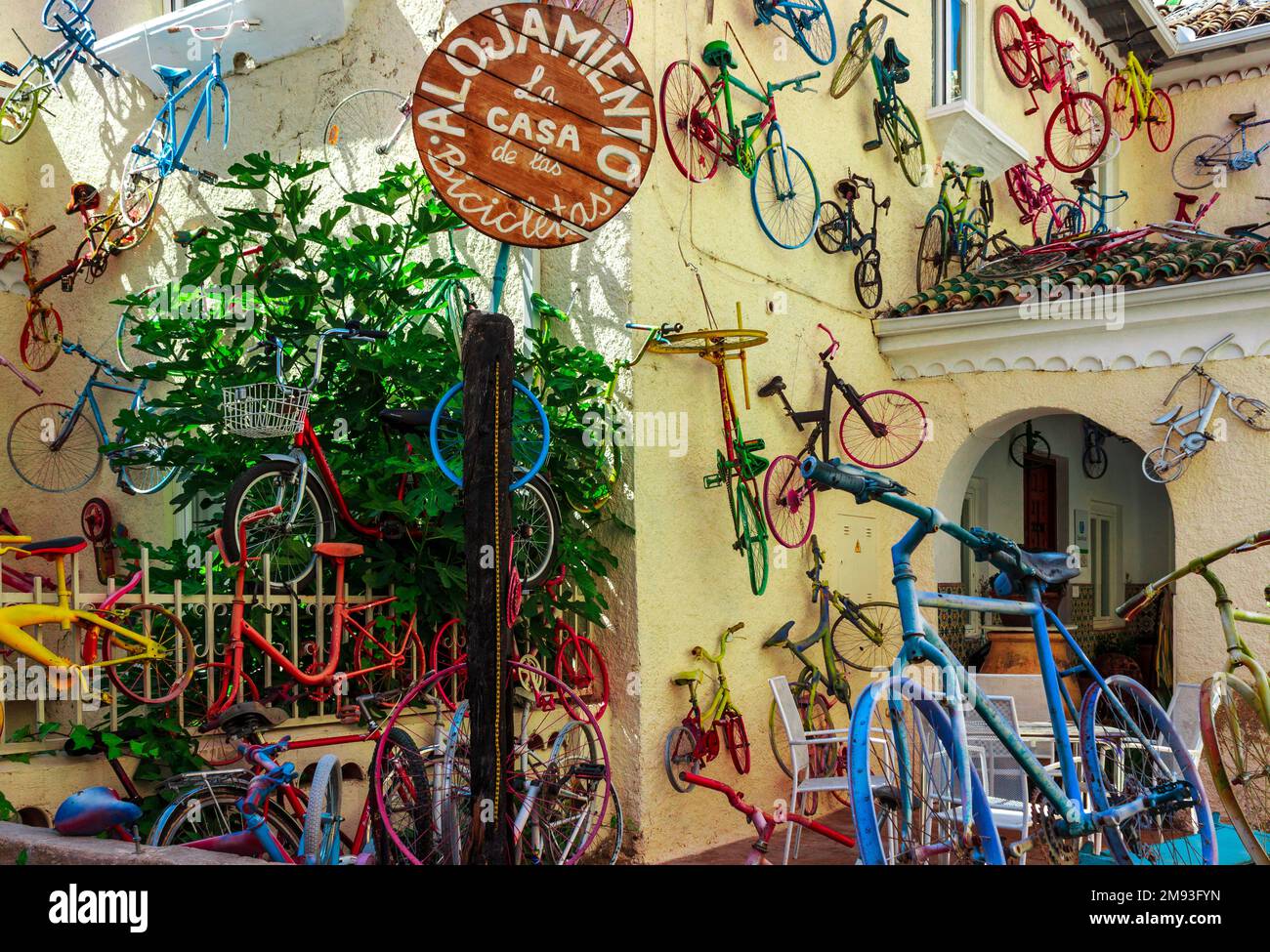 Inventive use of bicycles as decorative advertising Stock Photo