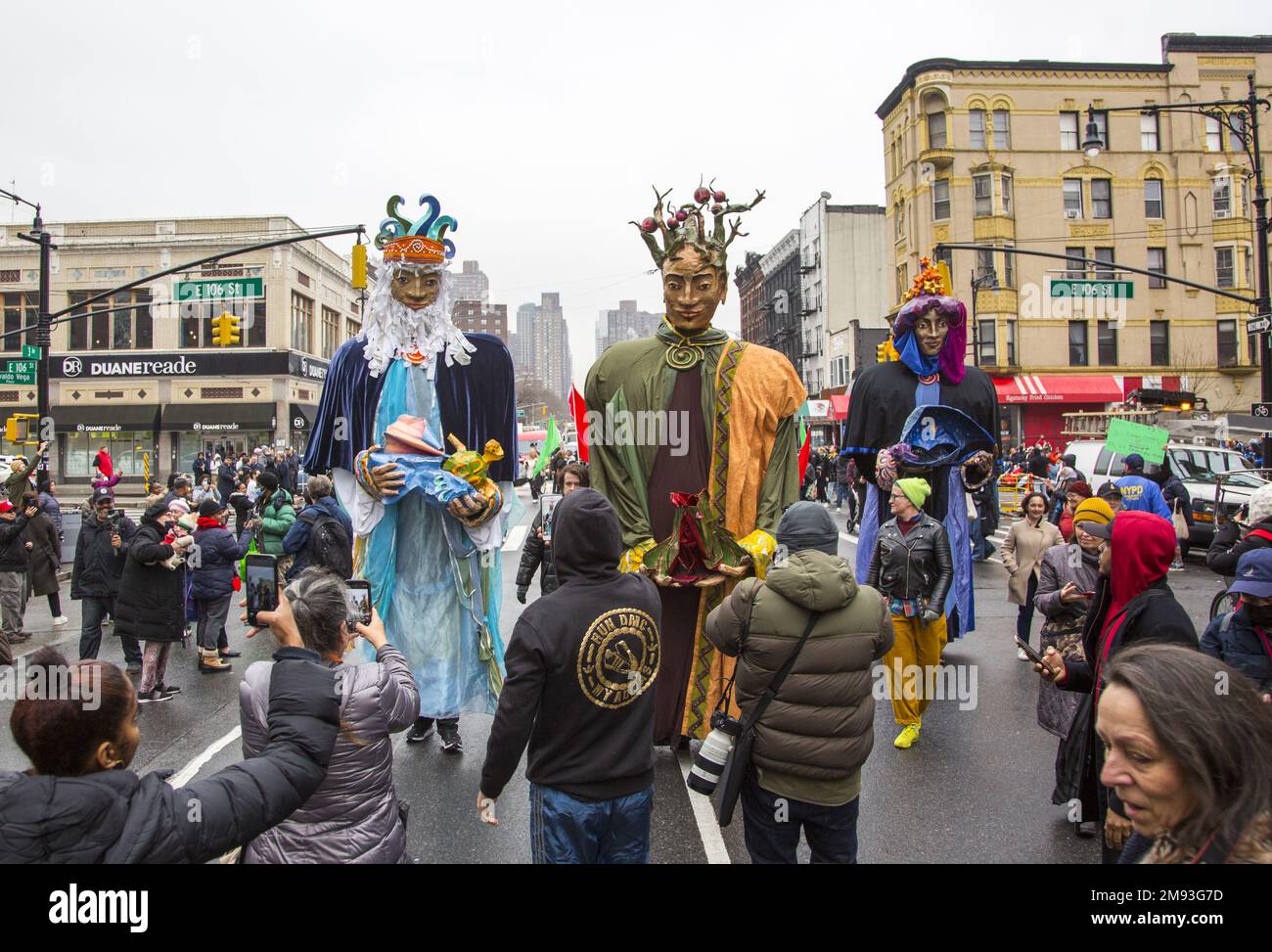 2023 Three Kings Day Parade along 3rd Avenue in Spanish Harlem, hosted by El Museo del Barrio, New York’s leading Latino cultural institution. One of the El Museo del Barrio large artistic puppets that lead the parade each year. Stock Photo