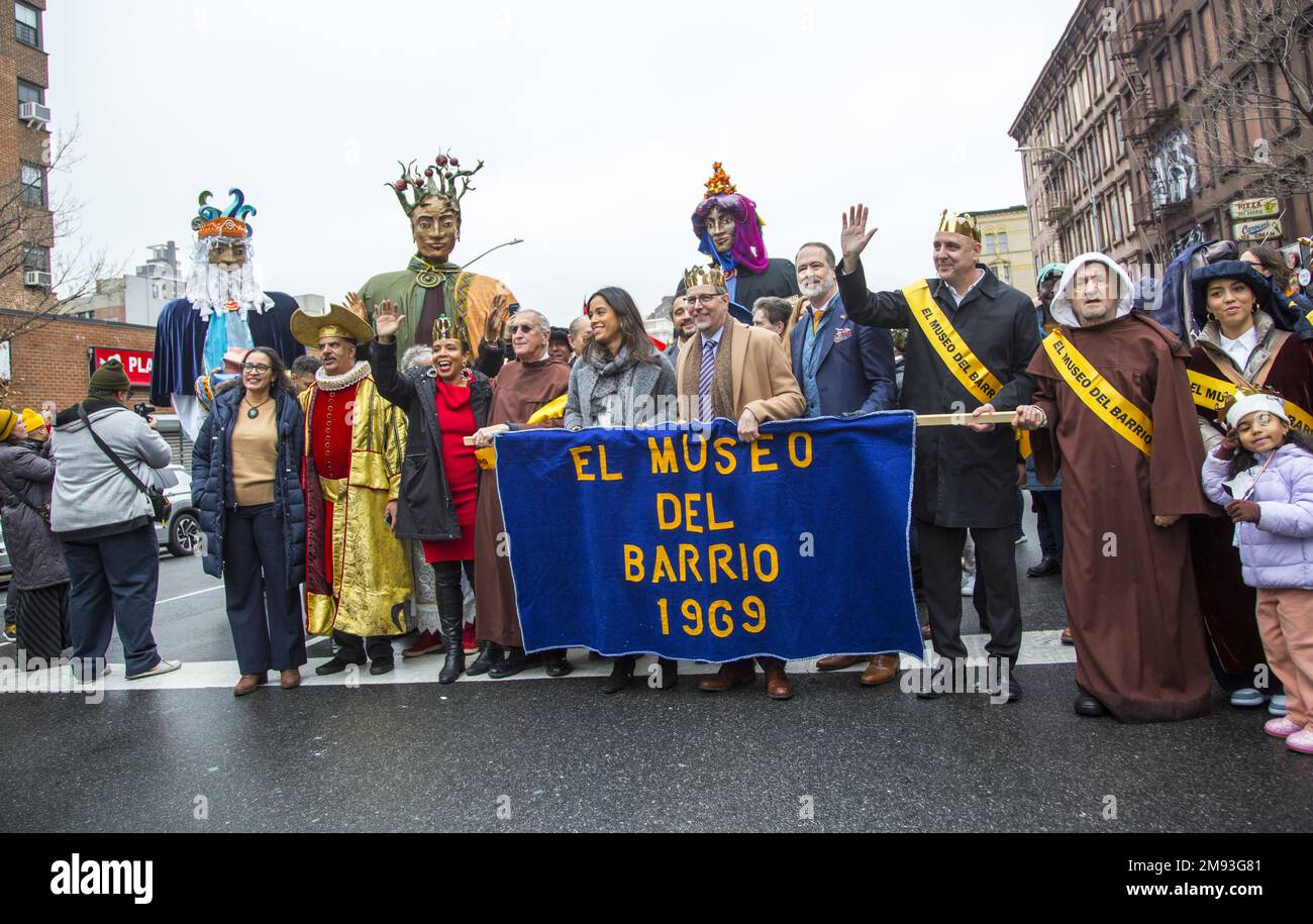 2023 Three Kings Day Parade along 3rd Avenue in Spanish Harlem, hosted by El Museo del Barrio, New York’s leading Latino cultural institution. One of the El Museo del Barrio large artistic puppets that lead the parade each year. Stock Photo
