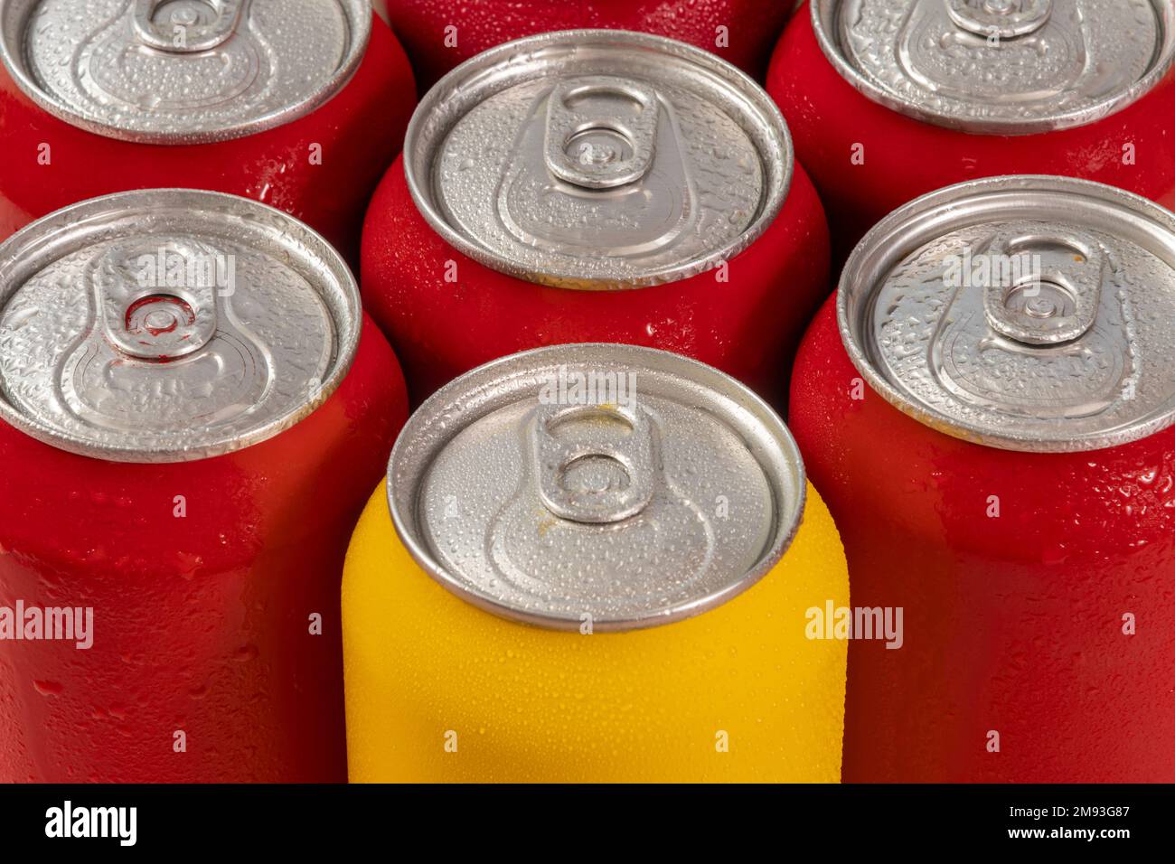 Group of aluminum soda cans, chilled, frozen and with water drops Stock