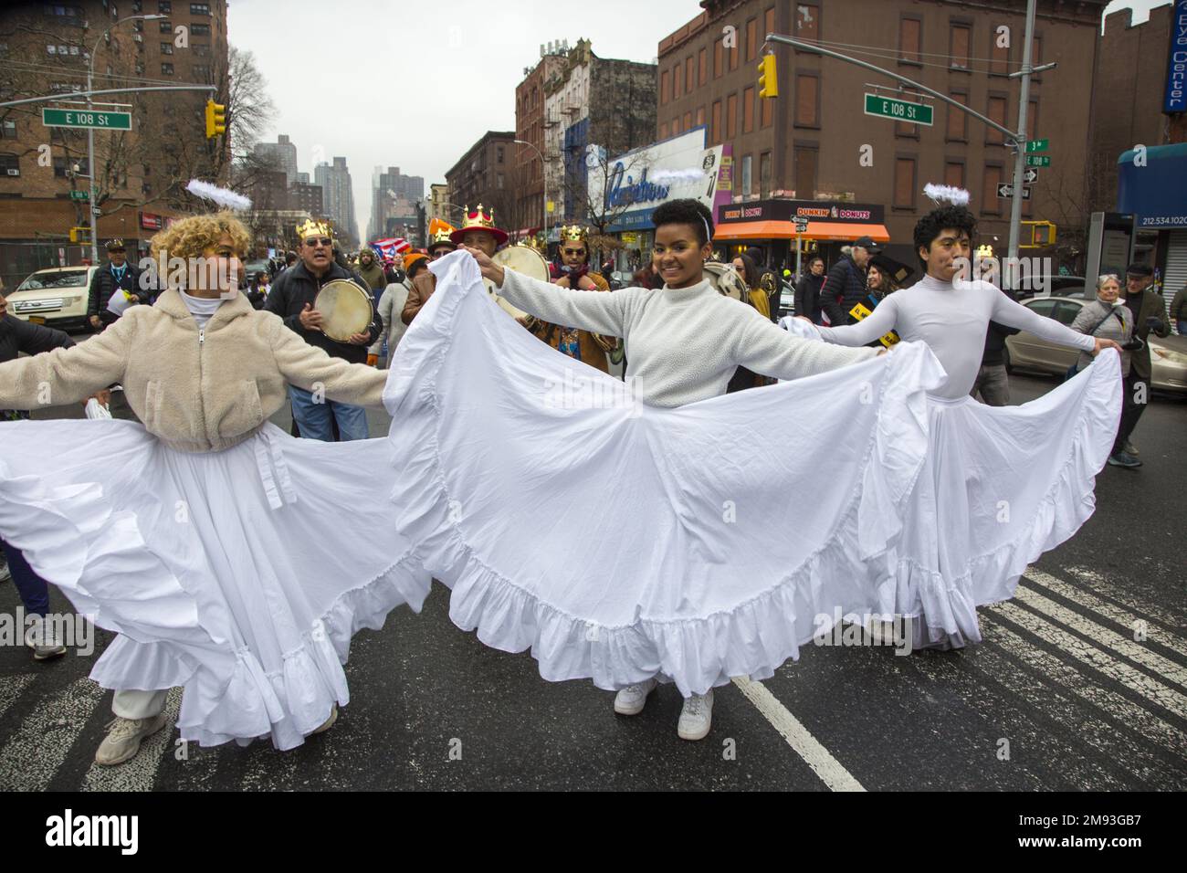 2023 Three Kings Day Parade along 3rd Avenue in Spanish Harlem, hosted by El Museo del Barrio, New York’s leading Latino cultural institution. One of the El Museo del Barrio large artistic puppets that lead the parade each year. Stock Photo