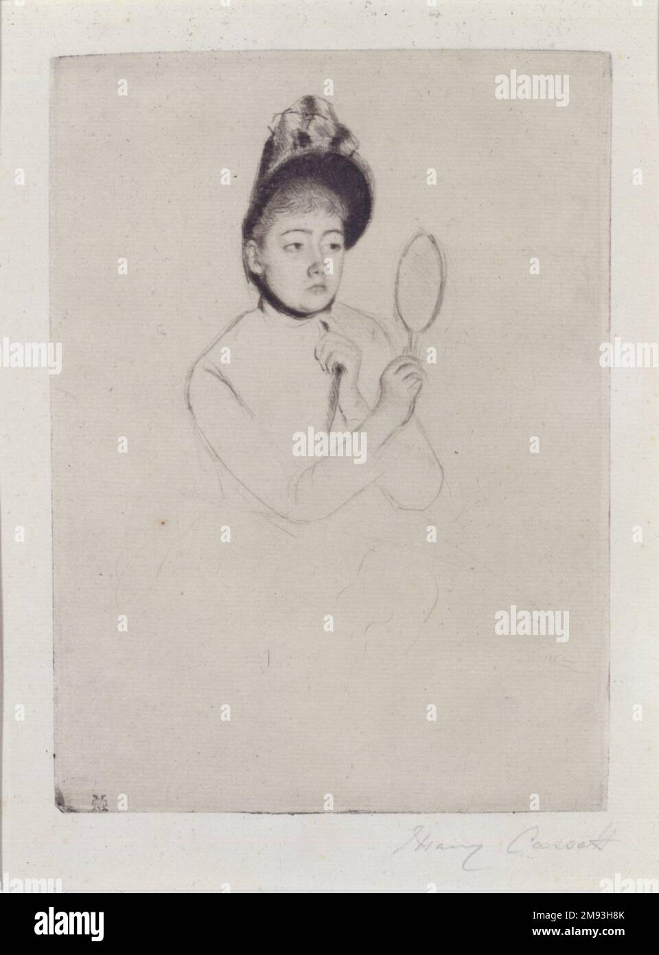 Femme au Mirroir (The Bonnet) Mary Cassatt (American, 1844-1926). Femme au Mirroir (The Bonnet), ca. 1891. Drypoint on cream-colored laid paper, Plate: 7 5/16 x 5 3/8 in. (18.6 x 13.6 cm).   American Art ca. 1891 Stock Photo