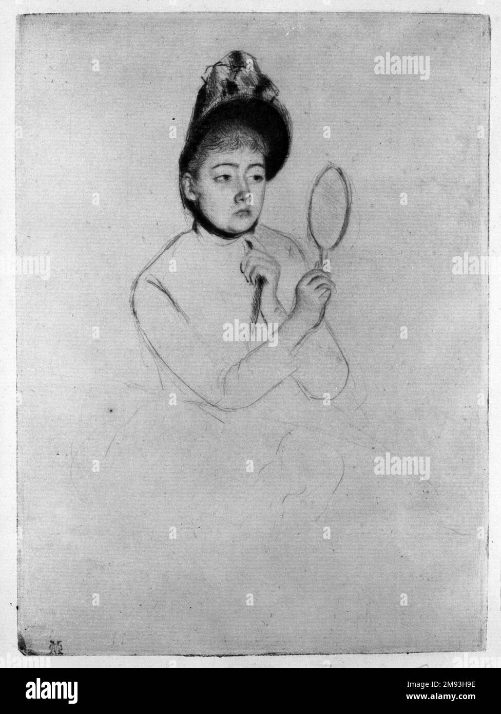 Femme au Mirroir (The Bonnet) Mary Cassatt (American, 1844-1926). Femme au Mirroir (The Bonnet), ca. 1891. Drypoint on cream-colored laid paper, Plate: 7 5/16 x 5 3/8 in. (18.6 x 13.6 cm).   American Art ca. 1891 Stock Photo