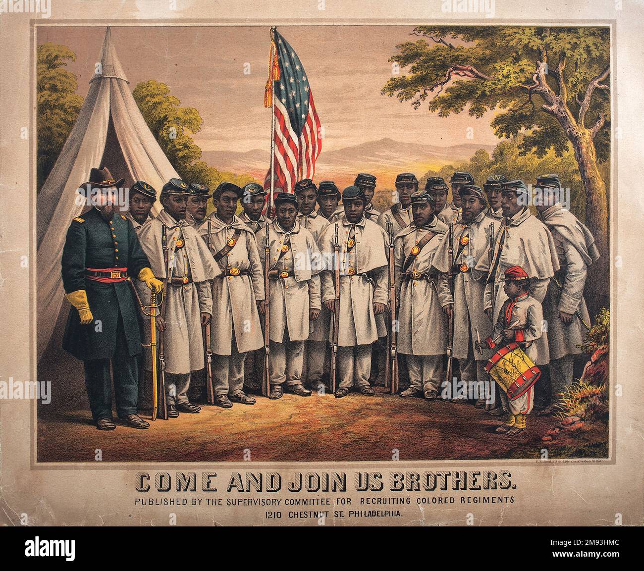 A recruitment poster for the United States Colored Troops (USCT) with the slogan Come and Join Us Brothers, by the Supervisory Committee For Recruiting Colored Regiments Stock Photo