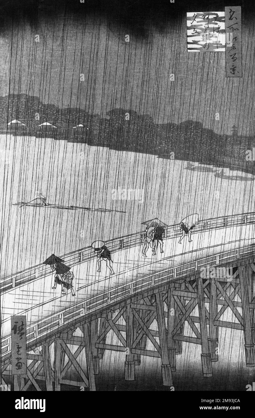 Sudden Shower over Shin Ohashi Bridge and Atake, (Ohashi Atake no yudachi) from the series, One Hundred Famous Views of Edo Utagawa Hiroshige (Ando) (Japanese, 1797-1858). Sudden Shower over Shin Ohashi Bridge and Atake, (Ohashi Atake no yudachi) from the series, One Hundred Famous Views of Edo, September 1857. Woodblock color print on paper, sheet: 13 1/8 x 9 7/16 in. (33.3 x 24.0 cm);.   Asian Art September 1857 Stock Photo