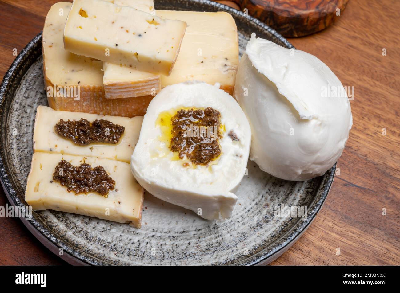 Italian cheese collection, yellow taleggio cheese and white mozzarella