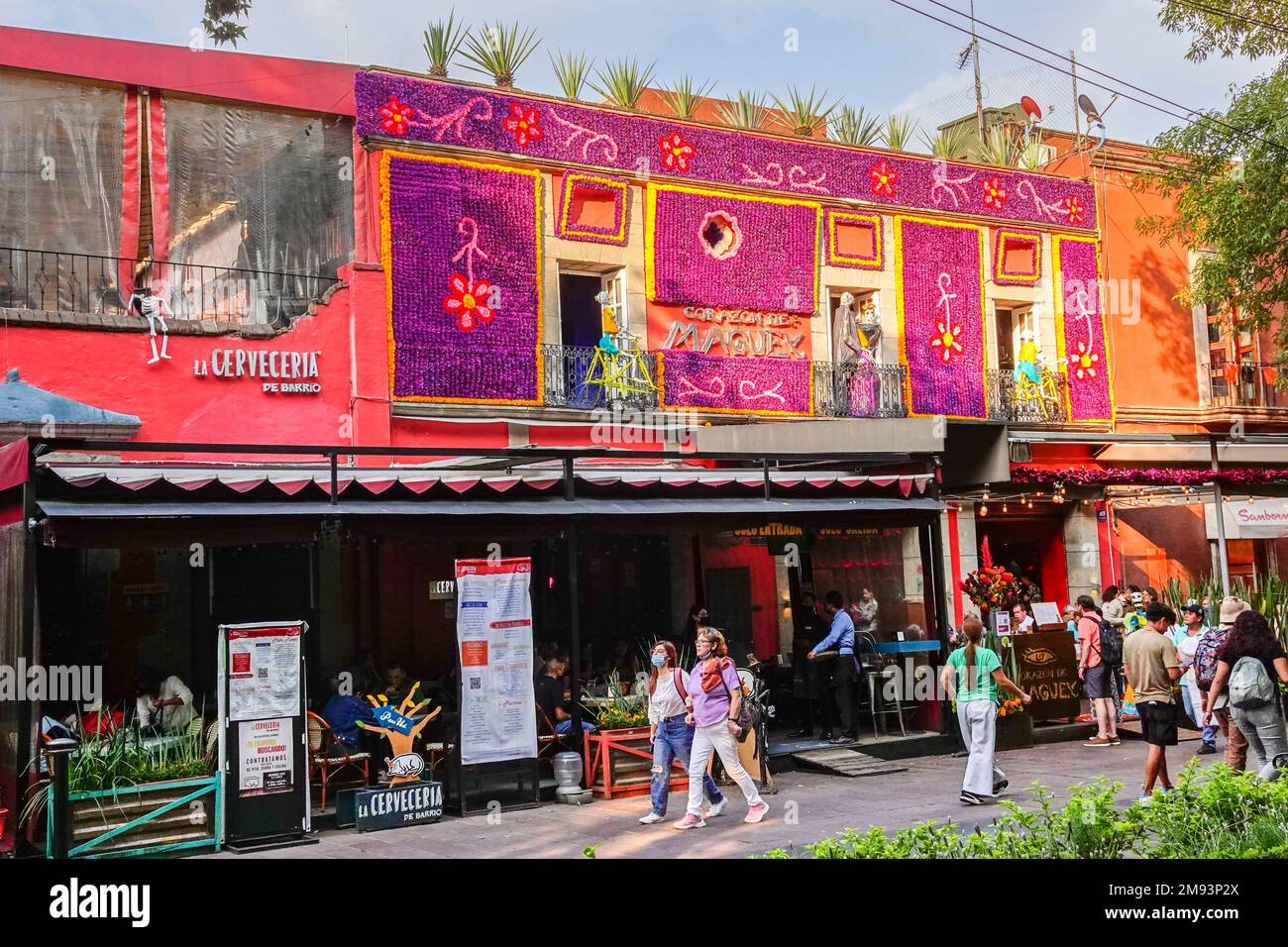 The Corazon de Maguey restaurant decorated for the Day of the Dead festival at the Jardin Centenario in the Coyoacan district, of Mexico City, Mexico. Stock Photo