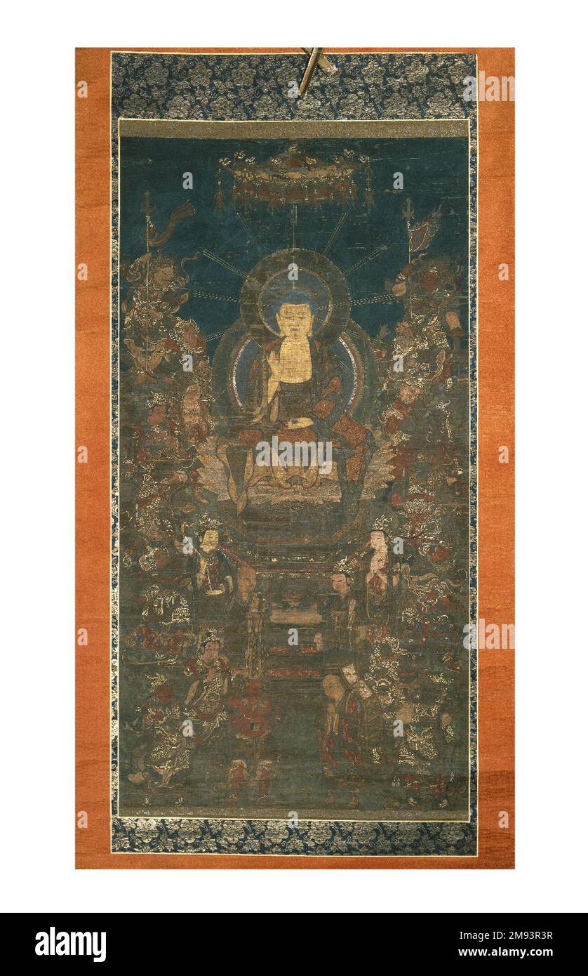 Buddha and Sixteen Benevolent Deities Buddha and Sixteen Benevolent Deities, 13th-14th century. Hanging scroll, ink and color on paper, Image: 41 3/4 x 21 3/4 in. (106 x 55.2 cm).   Asian Art 13th-14th century Stock Photo