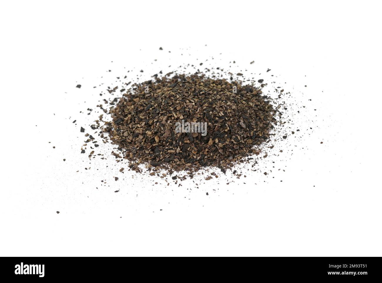 Dried and ground Trumpet Mushrooms isolated on white Background. Black