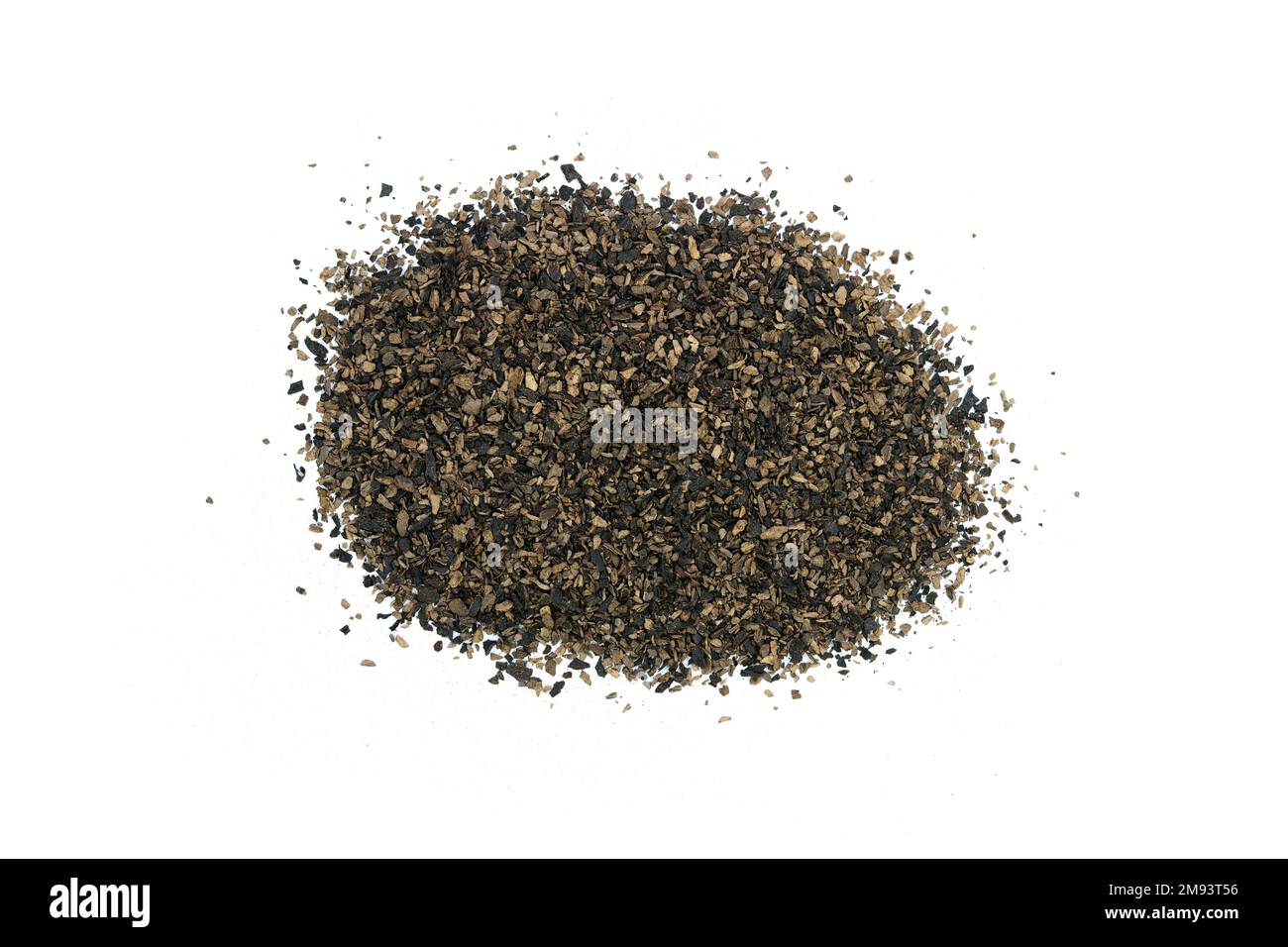 Dried and ground Trumpet Mushrooms isolated on white Background. Black