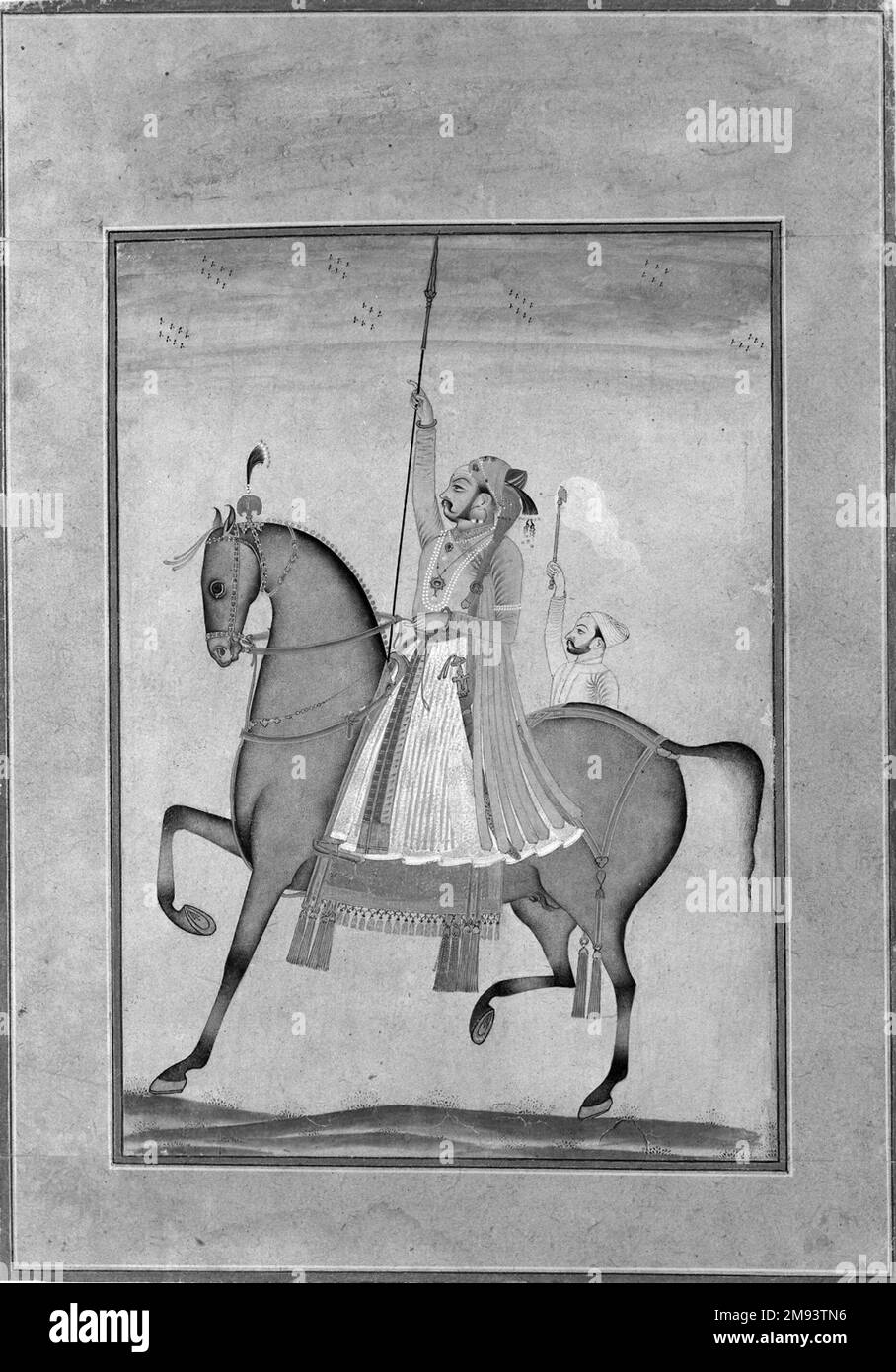 Equestrian Portrait of Maharaja Sujan Singh of Bikaner Kasam, Son of Muhammad. Equestrian Portrait of Maharaja Sujan Singh of Bikaner, ca. 1747. Opaque watercolor, silver, and gold on paper, sheet: 11 1/2 x 8 1/8 in. (29.2 x 20.6 cm).   Asian Art ca. 1747 Stock Photo