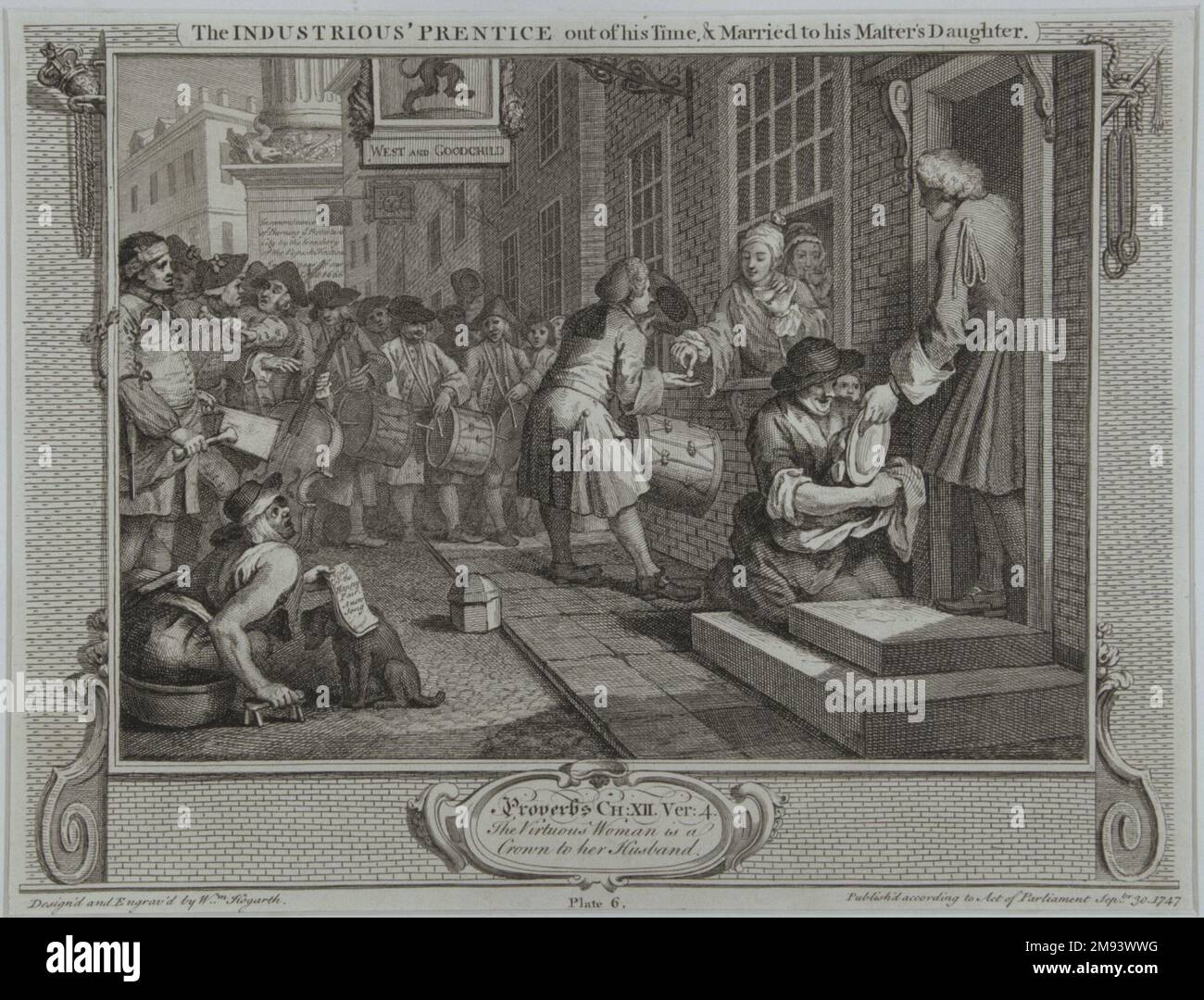 The Industrious Prentice Out of His Time William Hogarth (British, 1697-1764). The Industrious Prentice Out of His Time, 1747. Engraving on laid paper, 10 3/8 x 13 9/16 in. (26.3 x 34.5 cm).   European Art 1747 Stock Photo