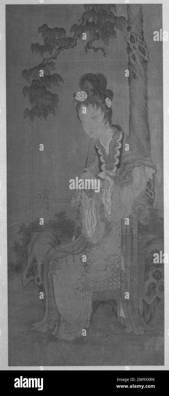 Hanging Scroll Painting "Seated Courtesan Playing Flute" 18th19th century. Ink and color on