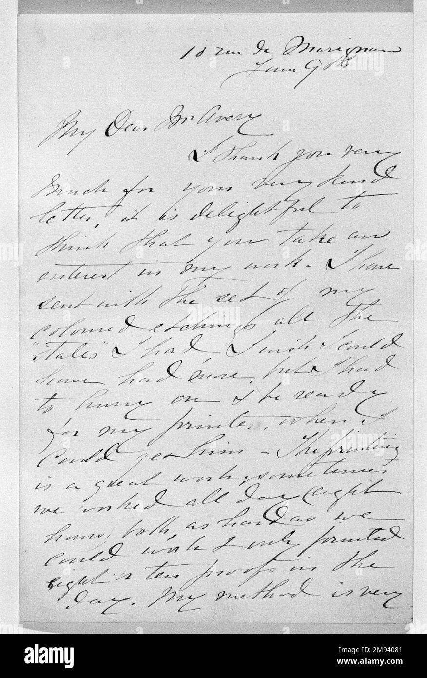 Letter to Mr. Avery Mary Cassatt (American, 1844-1926). Letter to Mr. Avery, ca. 1891-ca. 1906. Pen and ink handwritten letter in manuscript on wove paper, Sheet: 6 7/8 x 4 7/16 in. (17.5 x 11.3 cm).   American Art ca. 1891-ca. 1906 Stock Photo