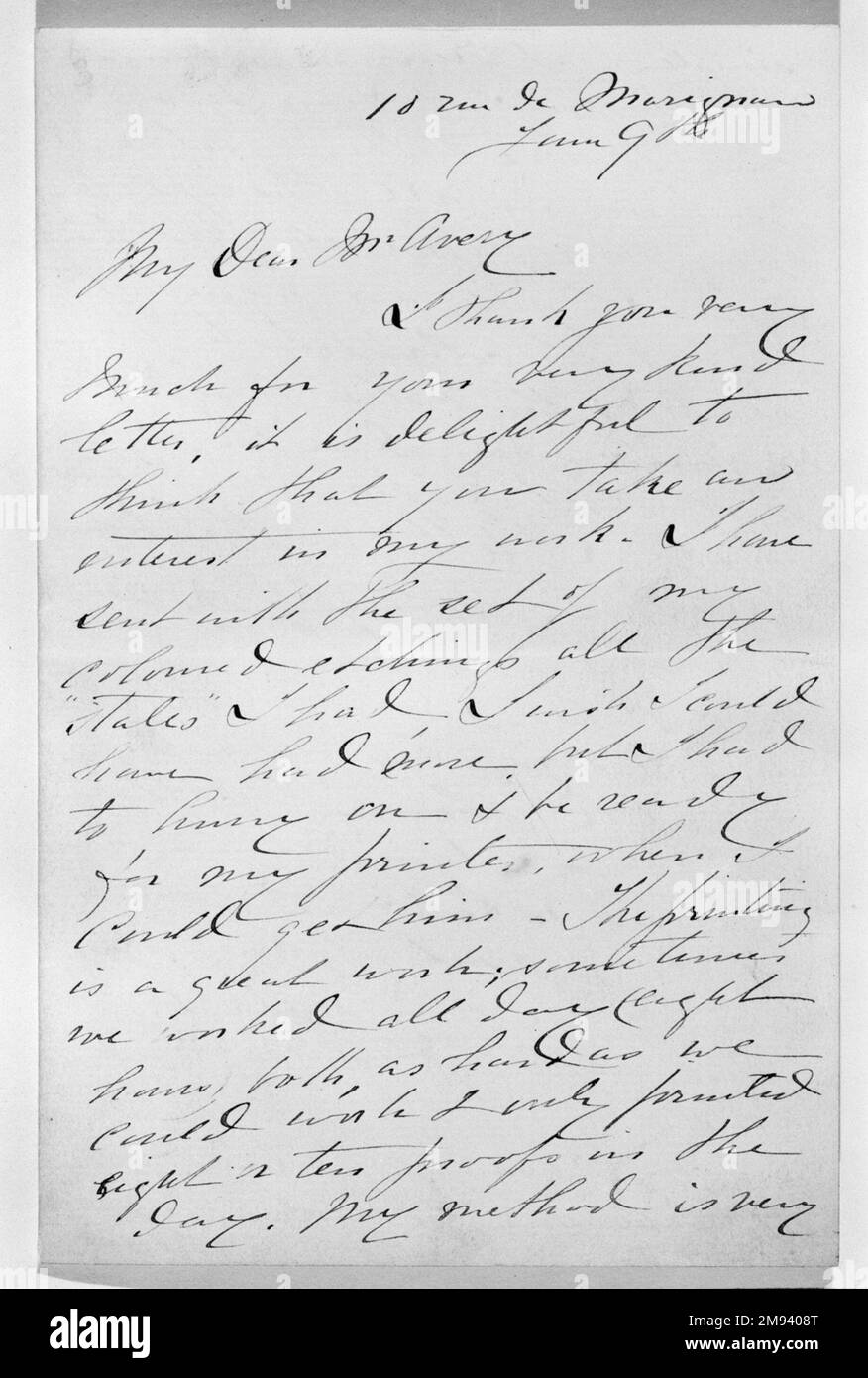 Letter to Mr. Avery Mary Cassatt (American, 1844-1926). Letter to Mr. Avery, ca. 1891-ca. 1906. Pen and ink handwritten letter in manuscript on wove paper, Sheet: 6 7/8 x 4 7/16 in. (17.5 x 11.3 cm).   American Art ca. 1891-ca. 1906 Stock Photo