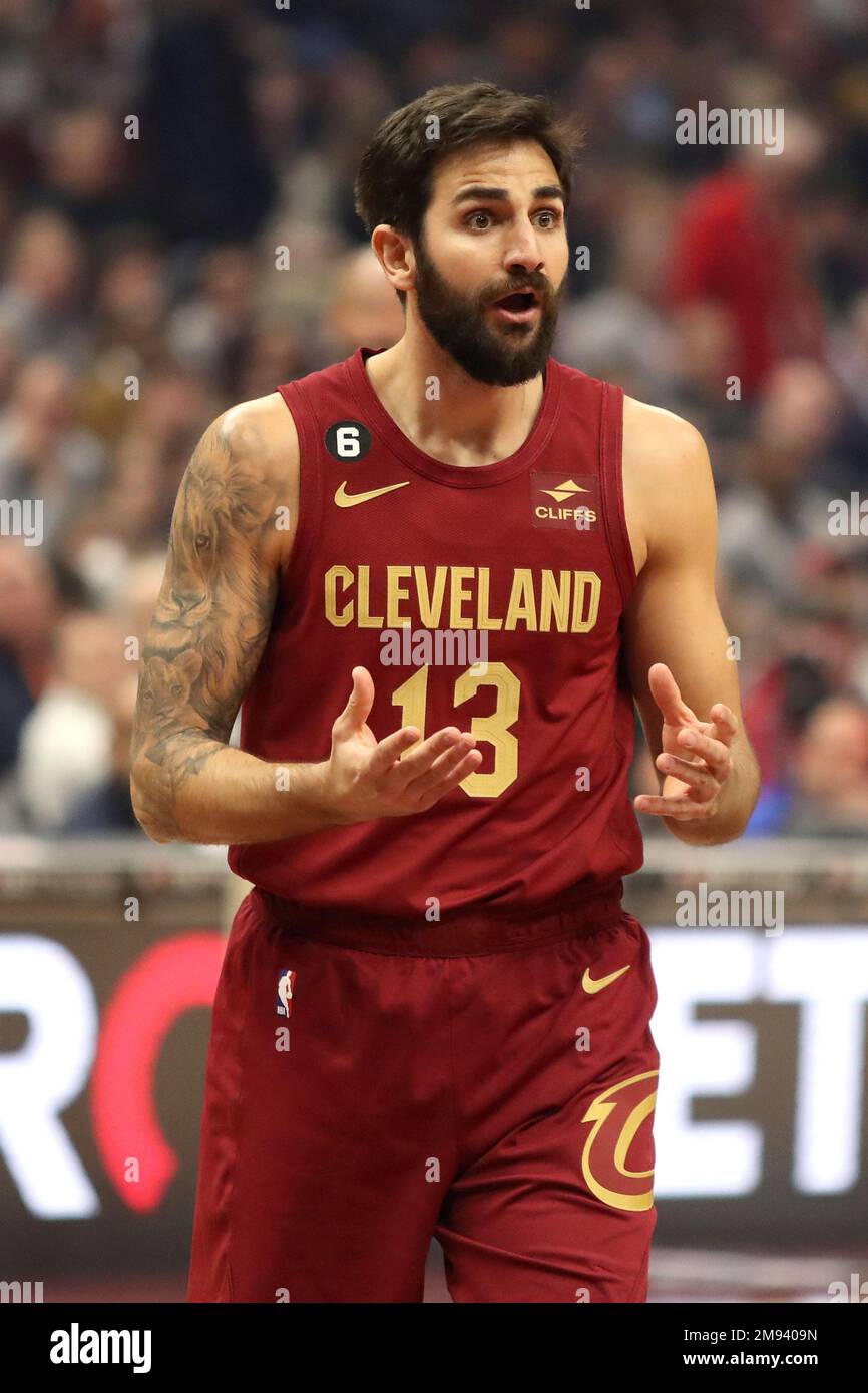 Cleveland, United States. 16th Jan, 2023. Cleveland Cavaliers guard Ricky Rubio (13) reacts to a foul call during the first half against the New Orleans Pelicans at Rocket Mortgage FieldHouse in Cleveland, Ohio on Monday, January 16, 2023. Photo by Aaron Josefczyk/UPI Credit: UPI/Alamy Live News Stock Photo